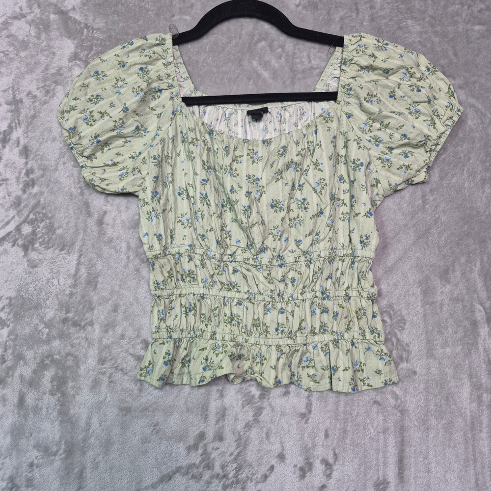 Art Class Girls XL 14 Green Floral Puff Sleeve Smocked Cotton Blouse Top